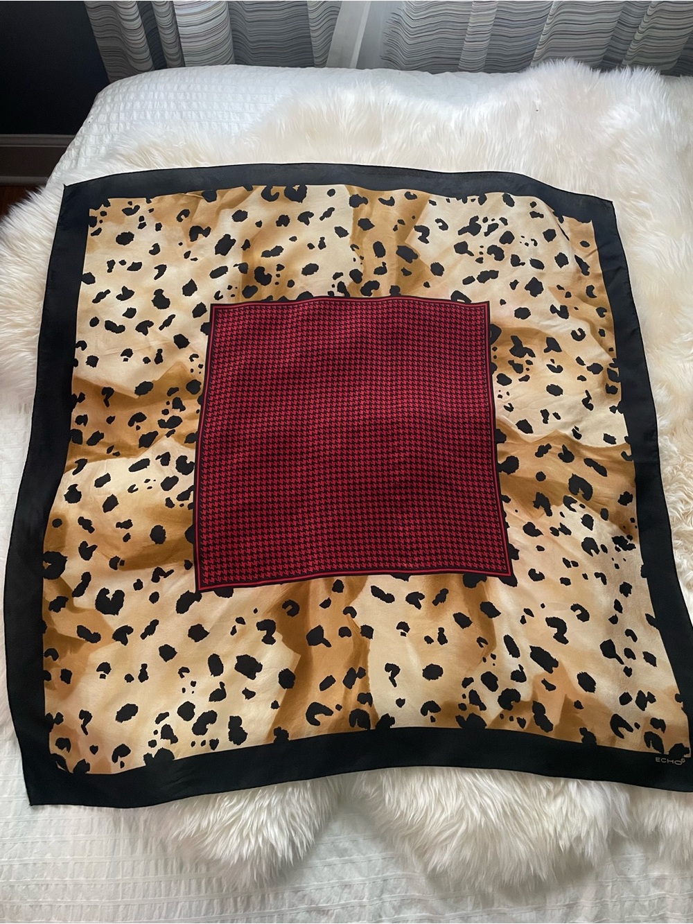 ECHO Vintage Square Silk Scarf Red Houndstooth Center Leopard Print Border